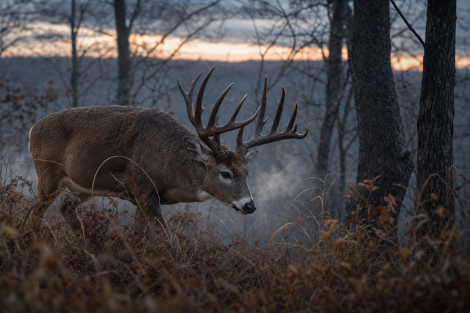 A heavy mature whitetail buck with a wide dark rack cruising a foggy hardwood ridge at gray-light November dawn, steam pouring from his nostrils in the cold air