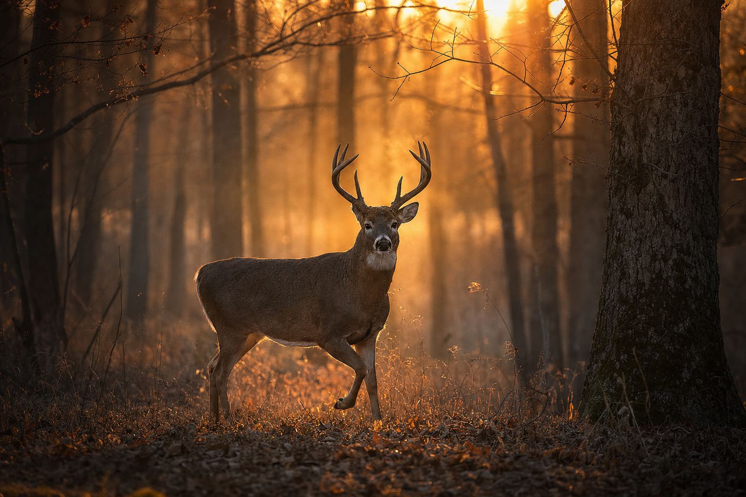 A mature whitetail buck stepping into a clearing at foggy golden-hour dawn in mixed hardwoods, backlit by warm sunrise